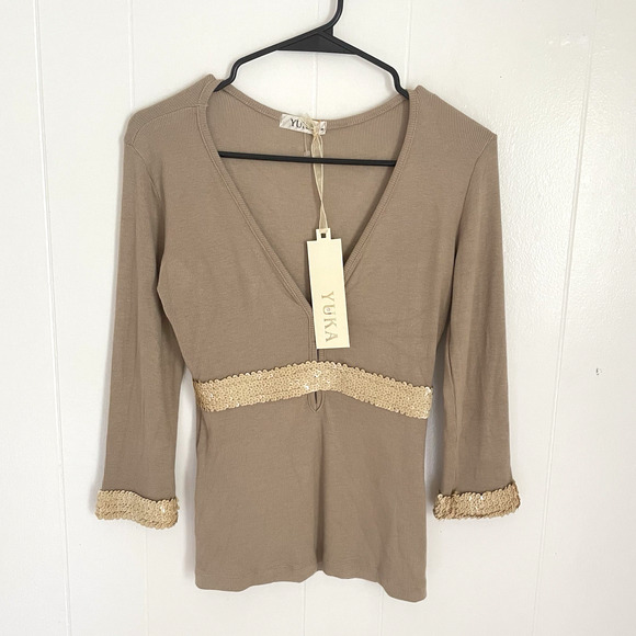 Y2K Taupe Babydoll Top M NWT Gold Sequin Trim Fitted Long Sleeve Stretchy - Picture 1 of 7